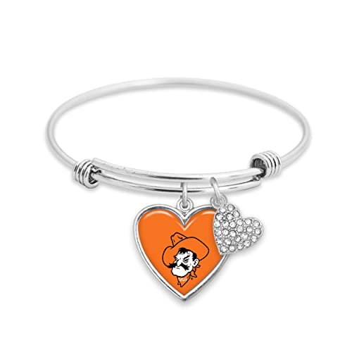 Oklahoma State Amara Crystal Heart Silver Bangle Bracelet Jewelry Gift OSU