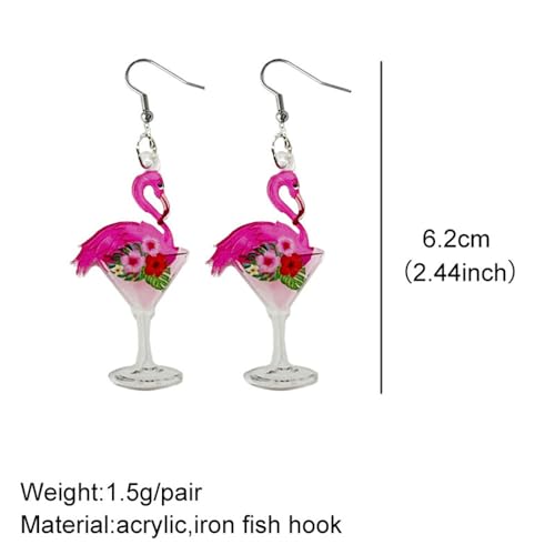 Cute Wine Glass Flamingo Flower Pink Dangle Drop Earrings for Women Teen Girls Dainty Lightweight Acrylic Animal Hook Statement Dangling Hanging Hypoallergenic Fashion Jewelry Party Valentine's Day2
