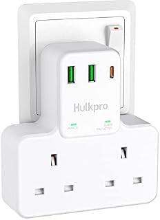 Double Plug Adaptor with 3 USB (1 Type C), 2 Way Plug Extension, Multi Wall Sockets Surge Protected, Hulkpro 13A Fused UK Plug Extender 3250W for Phone, Tablet