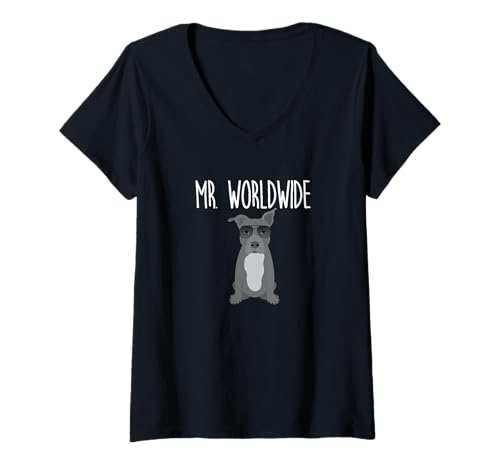 Womens Mr. Worldwide Funny Pitbull Apparel V-Neck T-Shirt