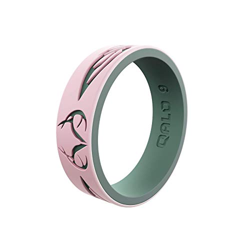 QALO Women's Rubber Silicone Ring, Strata Realtree Tail Feather, Comfort Fit, Silicone Wedding Ring for Women, Breathable, Durable Engagement Silicone Band, 6mm Wide 1.85mm Thick, Blush & Sage, Size 5