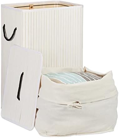 Relaxdays Bamboo Laundry Basket, Folding Hamper with Lid, 80 L, Rectangular, 2 Inner Washing Bags, 66x44x34 cm, White