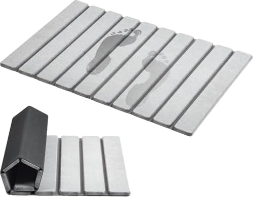 WAPPONI Foldable Stone Bath & Kitchen Quick Drying Mat Natural Diatomaceous Earth Super Absorbent Mat for Bathroom & Sink Luxury Bath Mat Non-Slip Easy to Clean 60 x 39cm (Light Grey)