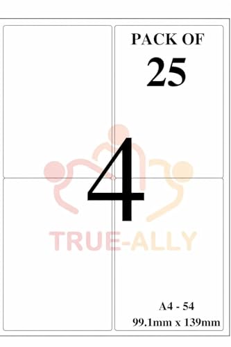 Image of True-Ally Easy Ship Sticky Paper a4 Size Pack of 100 Labels (25 Sheets) Print Order Shipping Address Pre-Cut Labels Invoices Stickers (4 Labels in 1 Sheet)(A4ST4-25 Sheets)