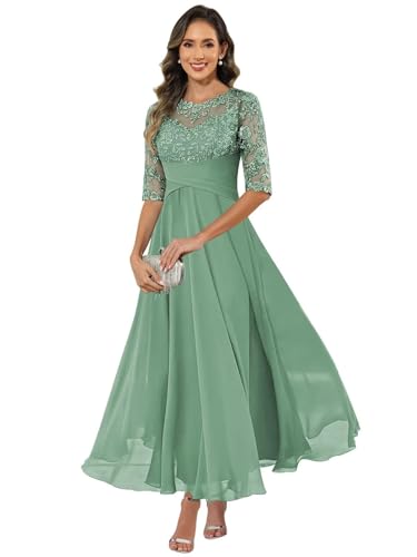 HUINI Damen Brautmutterkleid Chiffon Lang - Spitzen Formales Abendkleid Kleider Halbärmel A-Linie Festliche Für Hochzeit Pastellgrün 38