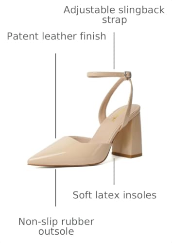 Image of RIBONGZ Block Heels for Women Closed Pointed Toe Heeled Slingback Chunky High Heel Ankle Strap Pumps Patent Leather Comfort Dressy Shoes for Work Party Prom Wedding Bridal Dress