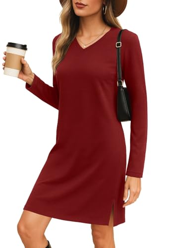 PrinStory Strickkleid Damen Winter Kleider Warm Langarm V Ausschnitt Winterkleid Knielang Sweatkleid Frauen Für Herbst (Weinrot, M)