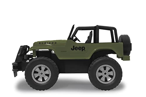 JAMARA 405054 - Jeep Wrangler Rubicon 1:14 2,4 GHz - 9KM/h, Licht vorne/hintengriffige profilierte Geländereifen, Frontrammer sorgt für einen bulligen Auftritt, Spur einstellbar Olivgrün