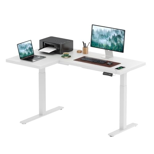 SANODESK 63-Inch Large Dual Motor L-Shaped Electric Height Adjustable Standing Desk - Reversible Panel - White Top/White Frame - Ideal for Gaming, Home Office or Computer Workstation