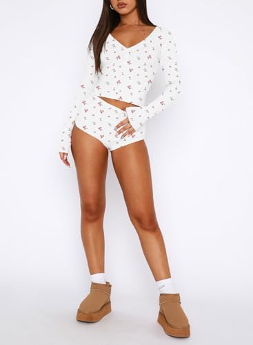 Image of REVETRO Fall Womens 2 Piece Pajama Sets Sexy PJ Shorts Y2k V Neck Long Sleeve Lounge Set Sleepwear with Button Down