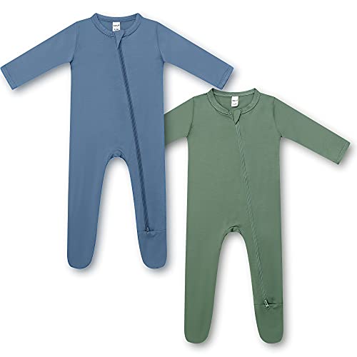 HAPIU Bamboo Baby Footed Pajama, 2-Pack, Moonlight Blue&Dark Forest Green, 6-12 Months