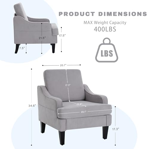 Image of Set of 2 Accent Chair for Living Room,Mid-Century Arm Chair Fabric Living Room Chairs,Upholstered Reading Chair for Bedroom,Single Sofa Chair with Wood Legs for Apartment (Grey)