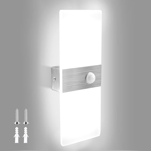 JaneYi Wandleuchte mit Bewegungsmelder Wandlampe Innen Kaltweiß 6000K 12W Wandbeleuchtung LED Acryl Moderne Indirekte Beleuchtung Lampe Wand für Flur Treppenhaus Balkon Wohnzimmer