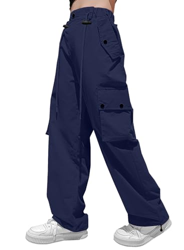 Image of HENGAO Girls Cargo Pants Parachute Casual Jogger Y2K 5-14 Years | Kids Baggy pants Parachute, Drawstring, with Pockets, Elastic High Waist, Loose Trousers Streetwear