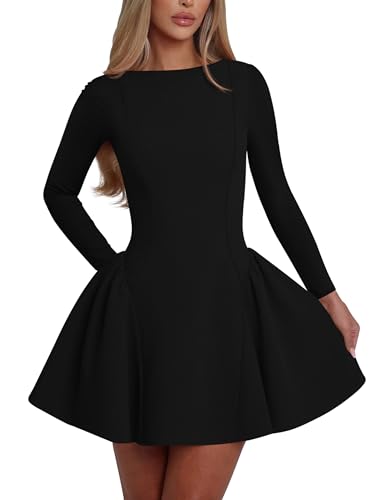 YMDUCH Women's Elegant Long Sleeve Crew Neck Backless A-line Mini Party Prom Dress
