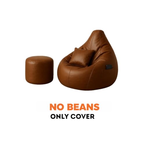 Image of Bean Bag Cover | Gaming Seat with Side Pocket | Premium Leatherette, Washable Cover, Double Stitching | for Lounge & Bedroom | Cover Only (Free Pillow & Footrest, No Beans) (Brown, XXL)