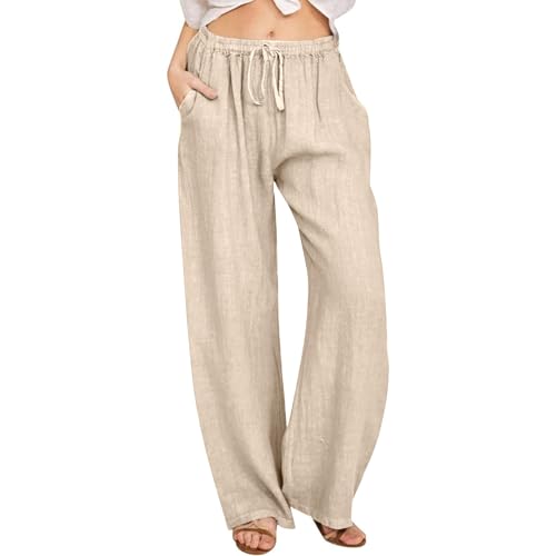 openpig Women's Wide Leg Pants Elastic Waist Drawstring Straight Trousers Loose Fit Cotton Linen Pant with Pockets Yoga Dress Pants for Women Khaki