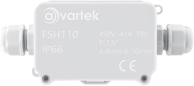 AVARTEK - IP66 Junction Box Waterproof, 2-Way Outdoor Extension Electrical Cable Protector, PG9 Connector Gland, Cable Diameter Ø 4mm-8mm (White)