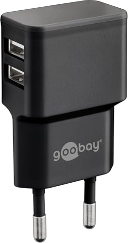 goobay USB Ladegerät 12W Gesamtleistung mit 2X USB-A 5V 2.4A, Dual Netzteil für Smartphone, Kopfhörer und Smartwatch, kompakt, Schwarz 44951