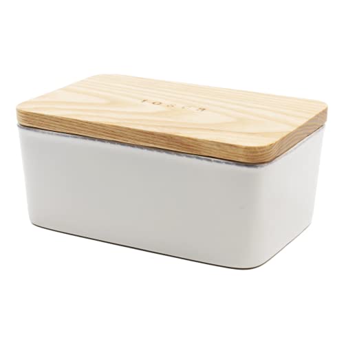 Yamazaki 3098 TOSCA Butter Dish Large, white, Ceramic / Wood, 15.5 x 10 x 7 cm