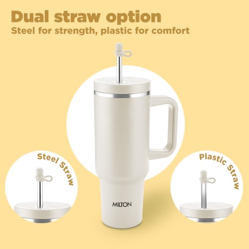Image of Milton My Tumbler 1200 Thermosteel Double Wall Vacuum Insulated Stainless Steel Tumbler with Handle 1100ml,Leak Proof Travel Mug with Straw,Silicon Cap Cleaning Brush, Hot & Cold Beverage Flask, Ivory