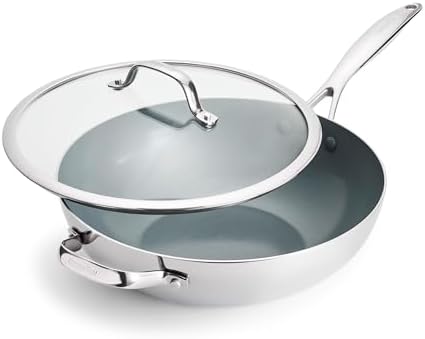 GreenPan Valencia Pro Tri-Ply Stainless Steel 12” Wok with Lid, C...