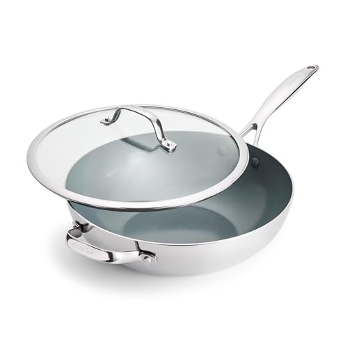 GreenPan Valencia Pro Tri-Ply Stainless Steel 12” Wok with Lid, PFAS-Free Ceramic Nonstick Coating, Induction Ready Cookware, All Cooktops, Dishwasher & Oven Safe to 600F by GreenPan - Used condition - US$130.54