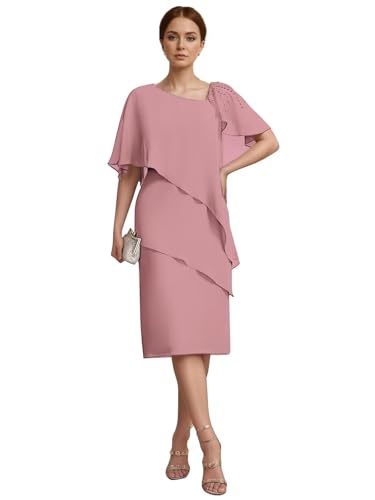 Tea Length Mother of The Bride Dresses for Women Ruffle Tiered Chiffon Evening Dress Asymmetric Neck Wedding Party Gown