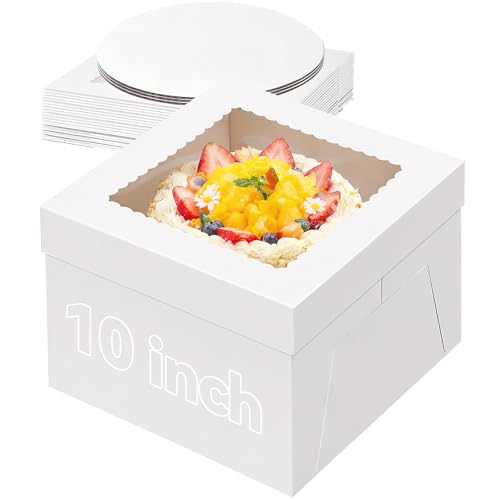 Zephyra Lot de 3 Boîtes à Gâteaux avec Plateau – 25 x 25 x 20 cm (10 pouces), Boîte en Carton avec Fenêtre, Boîte de Transport pour Gâteaux et...
