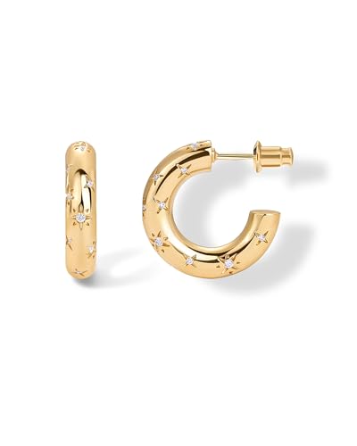 PAVOI 14K Gold Plated Star Shine Hoop Earrings for Women | Cubic Zirconia Celestial Chunky Hoops Earrings