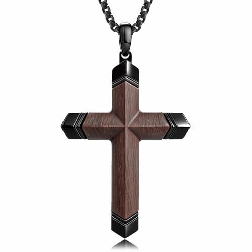 leejory Ebony Wood Cross Necklace for Men & Women Handmade Natural Wood Pendant with Titanium Steel Chain Christian Religious Jewelry Gift for Baptism Easter Birthday 18 20 22 24 Inch