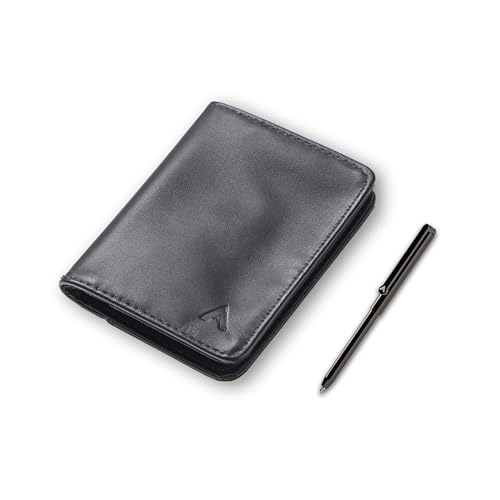 Allett Hybrid Card Wallet & Pen Bundle | Onyx Black, Leather, RFID Blocking, Vertical Layout | Slim, Minimalist, Bifold, Card Holder, Water Resistant | Holds 3-10+ Cards, Cash | Stainless Steel Pen