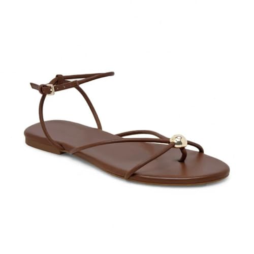 Image of Strappy Flat Sandals for Women Comfortable Open Round Toe Sandals Dressy Beach Thong Flip Flop Slides