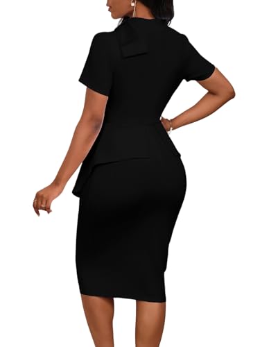 Image of WanMem Women Formal Bodycon Peplum Cocktail Dress Short Sleeve Bow Ruffle Pencil Party Midi Dresses