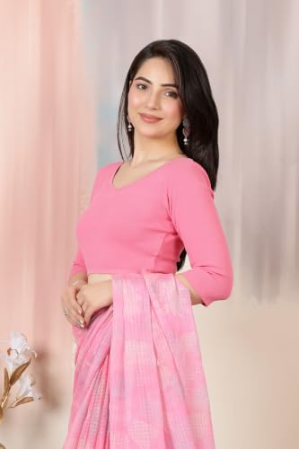 Image of Mlada V-Neck Stretchable Saree Blouse Top for Women | Slim Fit 3 /4th Sleeves Solid Cotton Blouses | Readymade Saree Blouses for Women Festive & Ethnic | Blouse Crop Top