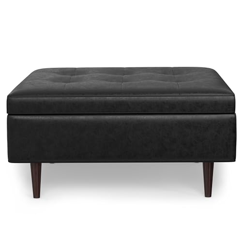 SIMPLIHOME Shay 38 inch Wide Mid Century Modern Large Square Coffee Table Storage Ottoman in Distressed Black Vegan Faux Leather, Assembled, for The Living Room and Entryway