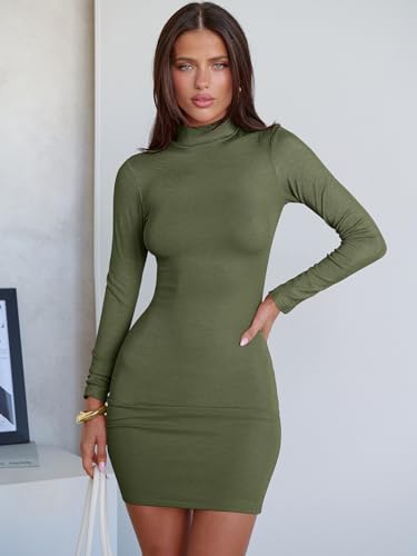 Image of ANRABESS Women Long Sleeve Mock Neck Bodycon Mini Dress 2026 Fall Ribbed Slim Fit Pencil Cocktail Club Night Dresses