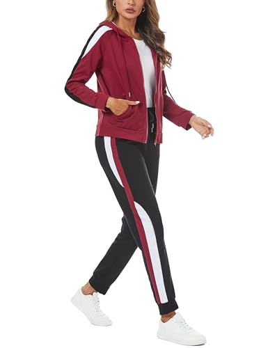 Litherday Jogginganzug Damen Lang Freizeitanzug Baumwolle Trainingsanzug Frauen Streifen Sportanzug, Rot+Schwarz, XXL