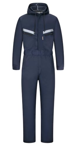 Image of Yukirtiq Men's Workwear Hooded Boilersuit Coverall with Multi Pockets, Heavy Duty Polycotton Overall Trousers Mechanics Boiler Suit with Reflective Tape, Navy Blue, L