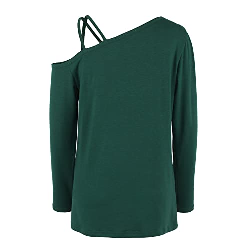 Makarthy Women's Off Shoulder Boat Neck Cold Shoulder Tops Long Sleeve Strappy Tunic Blouse T-Shirts A-Green #TOP5