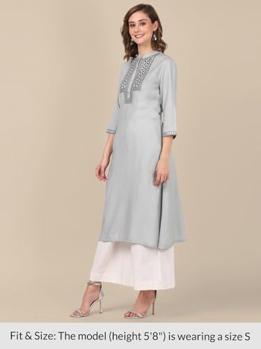 Image of rangita Women's Rayon Relaxed Fit A Line Calf Length Embroide A-Line Kurti | Kurta