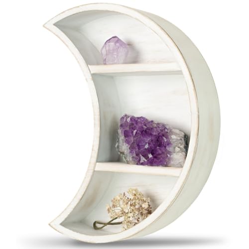 Image of LABEND HOME Moon Shaped Shelf for Crystals - Crescent Moon Shelf Wall Mounted - Half Moon Shelf for Crystal Display, Stones, Trinkets - Reversible Boho Spiritual Décor for Bedroom - White Rustic Wood