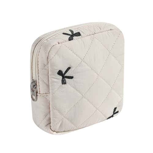 uekeboag Small Quilted Cotton Makeup Bag for Purse, Cosmetic Bag with Compartments, Cotton Aesthetic Makeup Bag, Travel Toiletry Pouch, Key Pocket Lipstick Bag Card Holder Data Cable Organizer（01White Bear） 7ounces