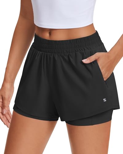Stelle Women's 2 in 1 Running Shorts Athletic Workout Gym Shorts High Waisted Shorts with Liner Zipper Pockets (Black, Medium)