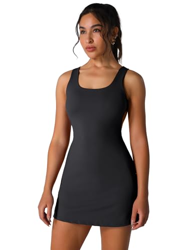AGYMNX Women Tennis Dress with Pockets A-Line Golf Dresses with Shorts Sleeveless Sports Skirts Backless Slim Summer Casual Training Outfit Black L