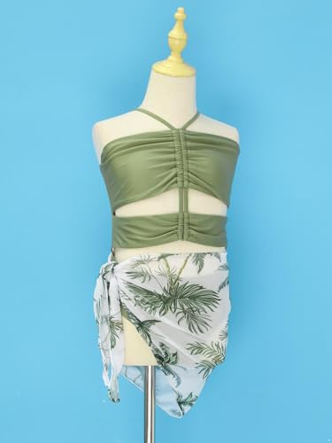 Girls 2 Pcs Bathing Suits Halter Ruched Bra One Piece Swimsuits with Wrap Skirts3