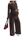 MakeMeChic Women's Maternity Clothes 2 Piece Spring Outfits Asymmetrical Top and Pants Pregnancy Matching Sets Brown Medium