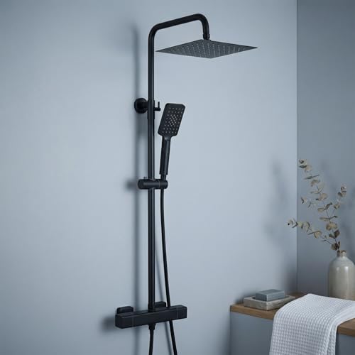 Ulytid Columna Negro 38℃, Conjunto con Grifo Termostatico, Ducha de Mano de 3 Modos, Sistema de Lluvia Cuadrada 25x25cm, Set Barra Altura Adjustable