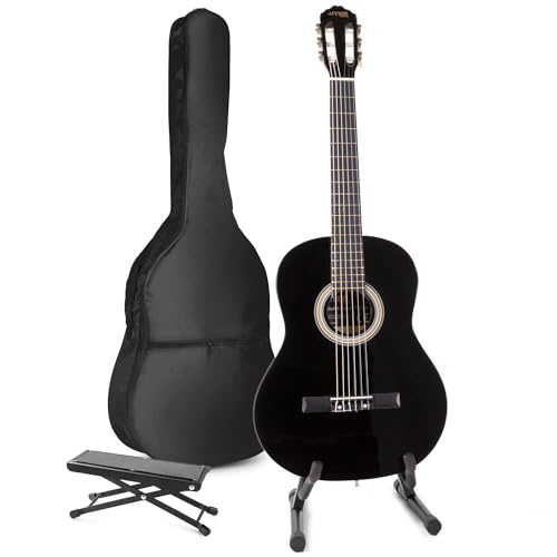 Guitare acoustique classique MAX SoloArt noire avec support et repose-pied pour débutant