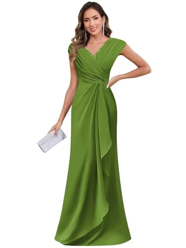 AUMEELAM Cap Sleeve Chiffon Mother of The Bride Dress Lace Applique V-Neck Ruche Formal Dresses